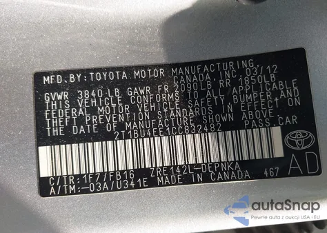 2012 Toyota Corolla Le z USA, uszkodzony, nr VIN 2T1BU4EE1CC832482